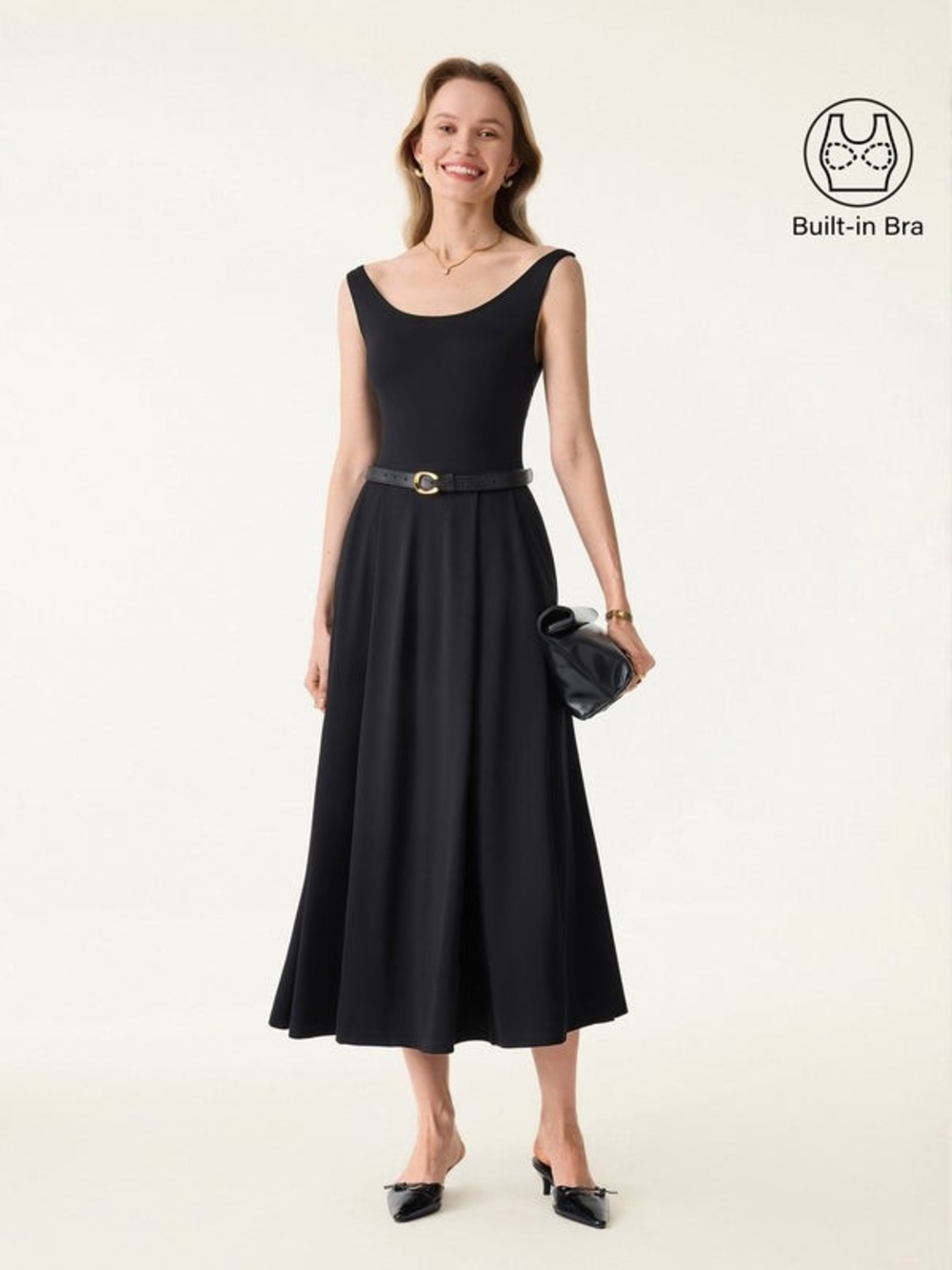 Classic Black Sleeveless A-Line Dress with Built-In Bra - Picture 5 of 11